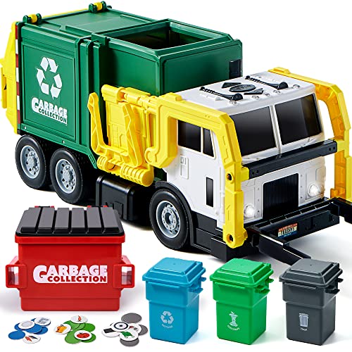 JOYIN Toys for Boys 3+ Years Old - 16" Large Garbage Truck Toys for Boys, Realistic Trash Truck with Trash Can Lifter and Dumping Function, Garbage Sorting Cards for Preschoolers, Kids Birthday Gift