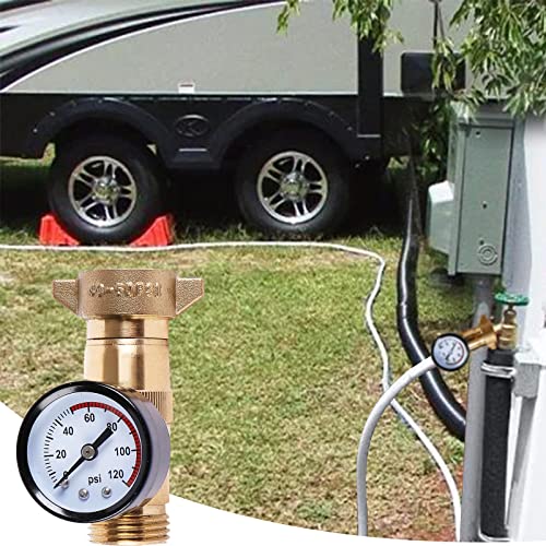 Cupohus Brass RV Water Pressure Regulator (40-50PSI) with Gauge and Filter Screen, 3/4” NH Monitor Water Hose Pressure,for RV Camper, Travel Trailer and More