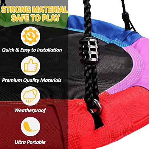 Pitpat 40" Saucer Swing for Kids Outdoor with 2 Adjustable Ropes from 55" to 79", Round Saucer Tree Swing MAX 440 Lbs Load with 2 Adjustable Multi-Strand Ropes Colorful