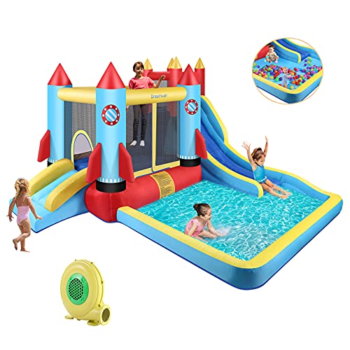 DREAMVAN Kids Bounce House with Blower Inflatable Bounce Houses Double Slide Climbing Wall and Ball Pit/Pool Splash Big Bouncy House Bouncing Rocket Jumping Castle Outdoor/Indoor, Ages 3-12 Years