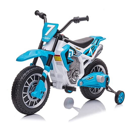 AOKOY 12V Battery Powered Motorcycle for Kids Electric Dirt Bike for Toddler Ride On Toys for Kids w/ 2 Speeds Training Wheels Music and Shock Absorber, Blue