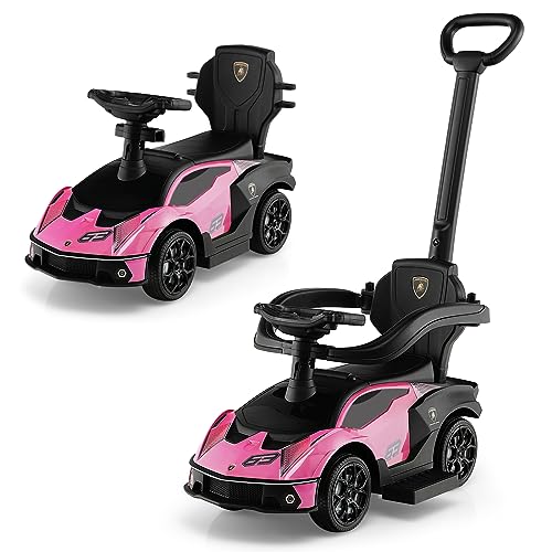 Costzon Push Cars for Toddlers 1-3, 3 in 1 Licensed Lamborghini Stroller Sliding Walking Car w/Handle, Armrest Guardrail, Underneath Storage, Horn, Foot-to-Floor Ride On Toy for Boys Girls (Pink)