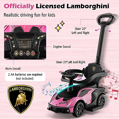 Costzon Push Cars for Toddlers 1-3, 3 in 1 Licensed Lamborghini Stroller Sliding Walking Car w/Handle, Armrest Guardrail, Underneath Storage, Horn, Foot-to-Floor Ride On Toy for Boys Girls (Pink)