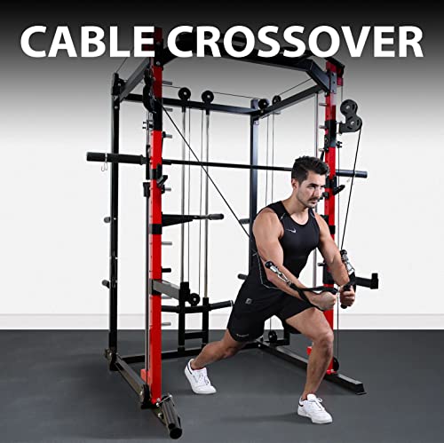 Mikolo Smith Machine Cage,Power Rack Cage with LAT Pull-Down System and Weight Bar, Total Body Strength Training Cage for Home Gym, Red