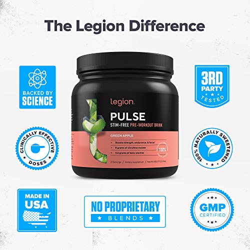 Legion Pulse, Best Caffeine Free Natural Pre Workout Supplement for Women and Men – Powerful Nitric Oxide Booster, Non Stimulant w/Beta Alanine, Citrulline and Alpha GPC, (Caffeine Free Green Apple)