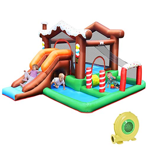 BOUNTECH Inflatable Bounce House, Snow House Bouncy House for Kids w/ Large Jump Play Area, Tunnel, Long Slide, Climbing Wall, Ball Pit, Basketball Hoop, Kids Bouncy Castle with Slide Indoor Outdoor