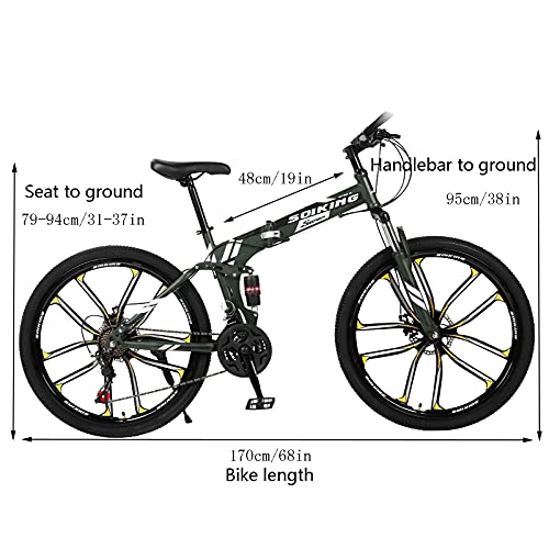 26 inch 21 Speed Folding Mountain Bike for Adults, Non-Slip Mountain Bikes with Dual Disc Brakes & Full Suspension, High-Carbon Steel MTB Mountain Bike City Cruiser Bicycle for Men & Women
