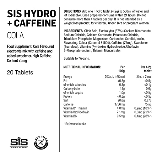 SIS Caffeine Electrolyte Tablets, Electrolyte Hydration Drink Tablets, 75mg of Caffeine Electrolyte Rich Sports Drink, Increased Hydration & Endurance for Running, Cycling, Triathlon, Soccer - 20 Tablets , 1 Tube, Cola
