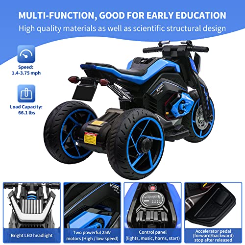 Track Seven Kids Motorcycle, 12V Battery Powered Toddler Ride on Toy for Kids, Rechargeable 3-Wheels Electric Motorcycle for Kids with 4 Horns, Kids Ride on Toys with Headlights, Pedal & Music, Blue