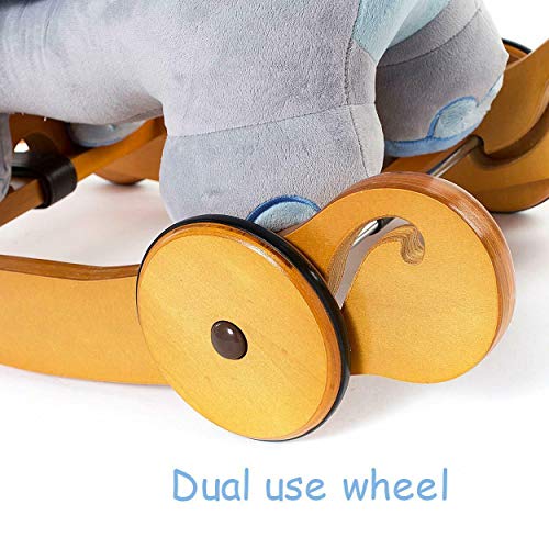 labebe - Baby Rocking Horse, Plush Rocking Animal, Toddler/Baby Wooden Rocker Toy for Nursery, Ride on Toy for Girl&Boy 1-3 Years, 2 in 1 Rocking Elephant Blue with Wheel, Kid Riding Horse Toys