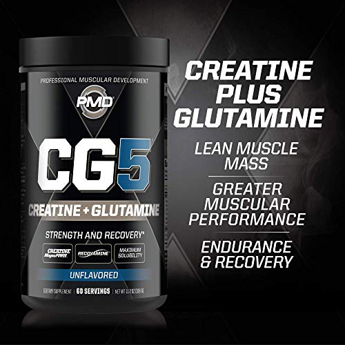 PMD Sports CG5 - Premium Creatine and L Glutamine Powder - Maximum Strength Power Recovery, Build Lean Muscle, Increase Workout Performance - Pre Workout and Post Workout - Unflavored (60 Servings)
