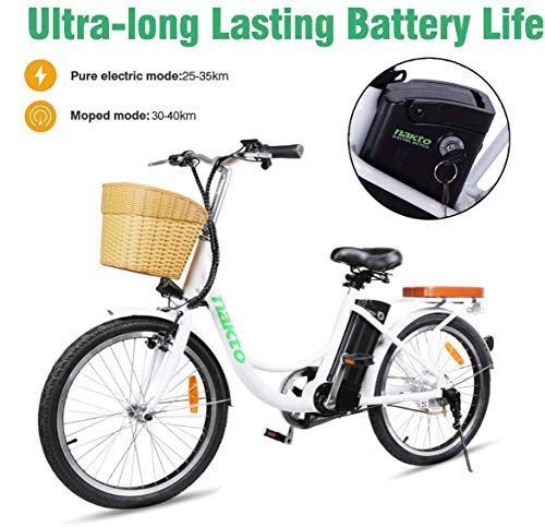 NAKTO 22 inch City Electric Bike for Adults Women Ebike with 36V10A Lithium Battery and 250W Motor,White Electric Bicycle with Charger