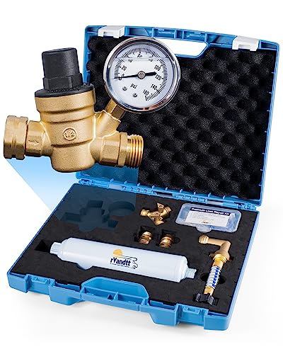 rVandtt RV Fresh Water Kit - RV Water Pressure Regulator, Inline Water Filter, Hose Splitter, Brass Elbow, Flexible Connector, Hose Quick Connects, Leak Repair Kit, and Carrying Case