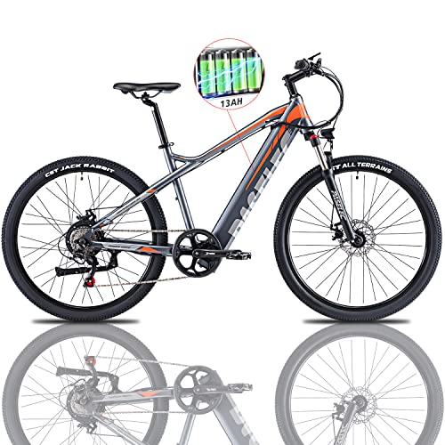 PASELEC Electric Mountain Bikes for Adults 27.5'' Electric Bicycle, 48 v 500W Ebike with13ah Hidden Lithium Battery,Professional 7-Speed Gears (Blk-Orange)