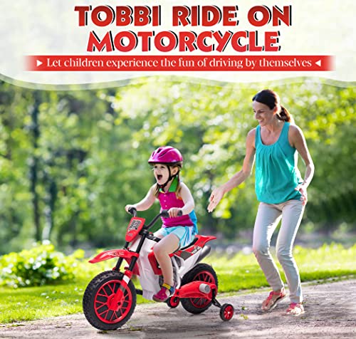 TOBBI 12V Electric Motorcycle for Kids Dirt Bike Ride on Toy Battery Powered Motorbike Off-Road Motocross w/ 2 Speeds, 35W Dual Motors, Training Wheels, Red