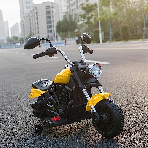 Winado Ride on Electric Motorcycle 2 Wheels, 6 V Battery-Powered Dirt Bike Motorcycle Rechargeable with Training Wheels Music Headlight for Children Boys & Girls, Yellow