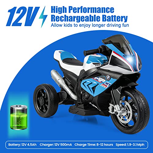 HONEY JOY 12V Kids Motorcycle, Licensed BMW Battery Powered Electric Vehicle for Kids, Headlights, Horn, Music, Foot Pedal, 3 Wheel Ride On Motorcycle, Gift for Boys Girls(Blue)