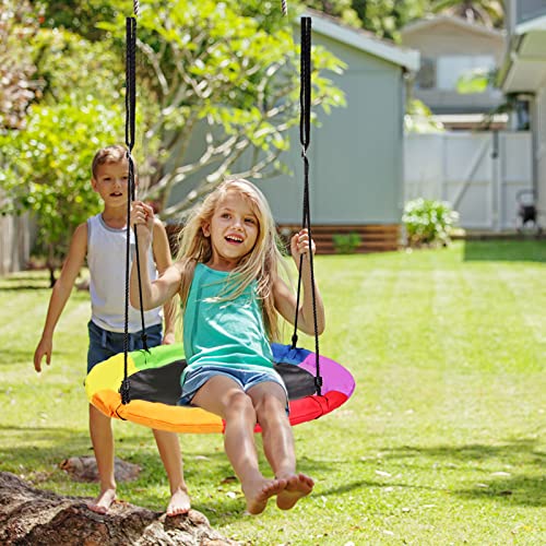Pitpat 40" Saucer Swing for Kids Outdoor with 2 Adjustable Ropes from 55" to 79", Round Saucer Tree Swing MAX 440 Lbs Load with 2 Adjustable Multi-Strand Ropes Colorful