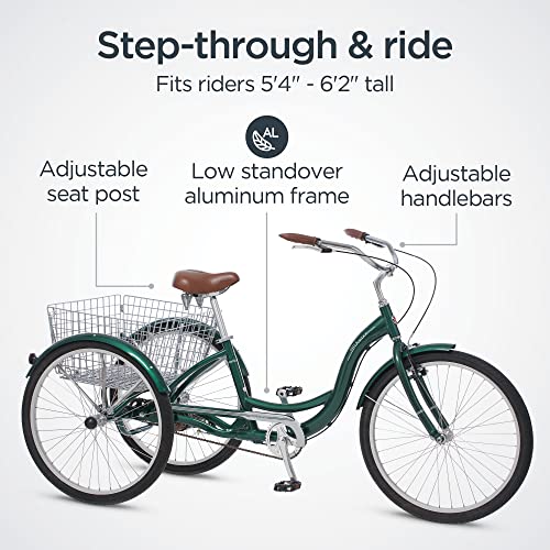 Schwinn Meridian Adult Tricycle, Three Wheel Cruiser Bike, 26-Inch Wheels, Low Step-Through Alluminum Frame, Adjustable Handlebars, Large Cruiser Seat, Rear Folding Basket, Single-Speed, Green