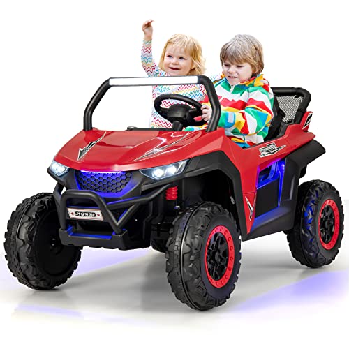 HONEY JOY 2 Seater Ride on UTV Car, Battery Powered Ride On Truck w/Remote Control, Spring Suspension, High/Low Speed, Storage, Music, USB, Ambience Lights, Electric Vehicle for Kids (Red)