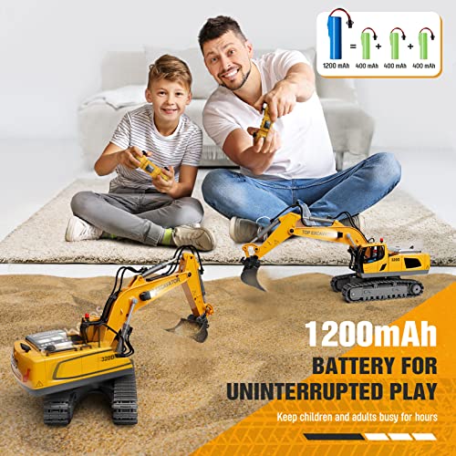 Remote Control Excavator Toys for Boys, 1200mAh RC Excavator Toy with Metal Shovel & Light, 11CH Excavator Toys for Boys 3-5 4-7 8-12 Year Old Kids Christmas Birthday Gift, 60+Mins/Sounds/One-Key Demo