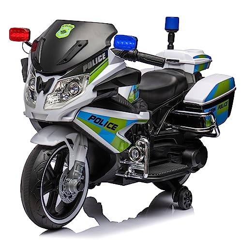 12V Kids Motorcycle, Kids Ride on Police Motorcycle w/Stepless Speed, 40W Dual Motors, Leather Seat Cushion, Training Wheels, LED Lights, Music, Battery Powered Motorbike Toy, Gift for Boys Girls