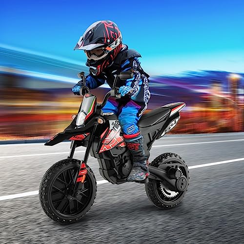 OLAKIDS Kids Motorcycle, Licensed Aprilia RX125 12V Ride on Electric Dirt Bike with Training Wheels, Spring Suspension, Battery Powered Off Road Motorbike Toy with 2 Speeds, Bluetooth, Lights (Red)