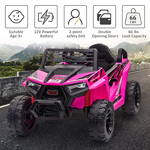 TOBBI 12V Kids Ride on Car, Electric Off-Road UTV Truck with Diverse Functions, Double Open Doors, Safety Belt, Horn, Music, and Lights for Kids Aged 3-5 Years (Rose Red)