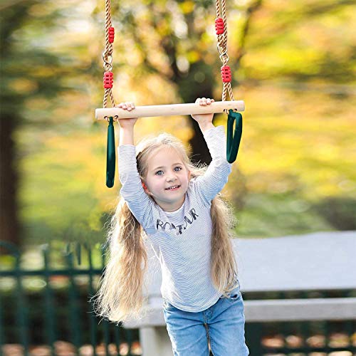 RedSwing Trapeze Swing Bar Rings, Trapeze Bar for Kids with Adjustable Rope, Locking Straps, Outdoor Swing Set Playground Accessories, Green
