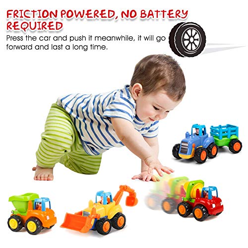 Yiosion Push and Go Friction Powered Cars Construction Vehicles Toy Set Tractor Bulldozer Mixer Truck Dumper for 1 2 3 Year Old Baby Toddlers Boys Gift