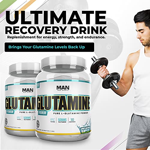 Man Sports Glutamine Powder 500 Grams - Ultra Pure Unflavored L-Glutamine for Muscle Recovery, Repair, and Immunity - Clean Formula, No Additives, Hand-Crafted and Hand-Bottled - 100 Servings