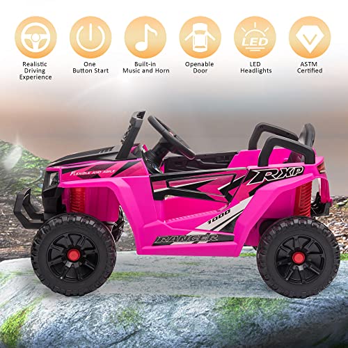 TOBBI 12V Kids Ride on Car, Electric Off-Road UTV Truck with Diverse Functions, Double Open Doors, Safety Belt, Horn, Music, and Lights for Kids Aged 3-5 Years (Rose Red)