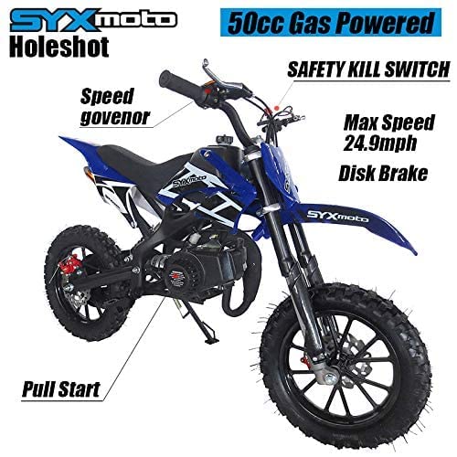 SYX MOTO Kids Mini Dirt Bike Gas Power 2-Stroke 50cc Motorcycle Holeshot Off Road Motorcycle Holeshot Pit Bike, Blue, Pull Start Version