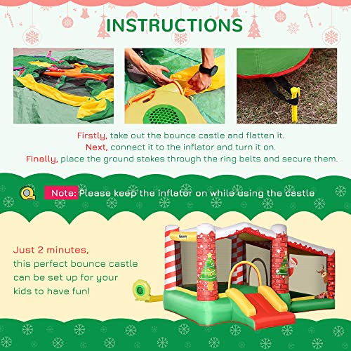 Outsunny 3-in-1 Kids Inflatable Bounce House Christmas Jumping Castle with Christmas Tree Pattern, Includes Trampoline, Pool, Slide, Carry Bag, Repair Patches and Air Blower
