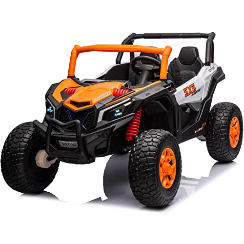 Sopbost 24V Kids UTV 2 Seater Ride On Buggy 4×4 Ride On Car with Remote Control Battery Powered Electric Vehicle with EVA Tires, Ride On Truck for Boys Girls with Spring Suspension, Music (Orange)