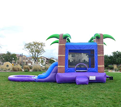 HeroKiddo Tropical Breeze Inflatable Bounce House with Dual Slides Combo, 100% Commercial PVC Vinyl, Purple/Blue/Green/Brown- with Blower and Pool, 13'x 26'