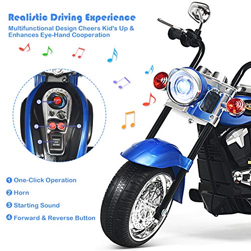 OLAKIDS Kids Electric Motorcycle, 6V Battery Powered Ride on Chopper Motorcycle with Music, Horn, Headlights, 3 Training Wheels Electric Motorcycle for Children (Blue)
