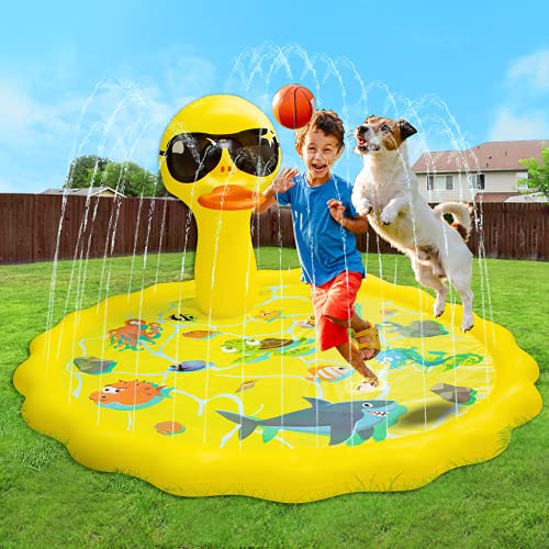 Splash Pads for Toddlers, Baby Splash Pad Sprinkler for Kids Outside Backyard, Splash Play Mat with Duck Basketball Hoop 68"