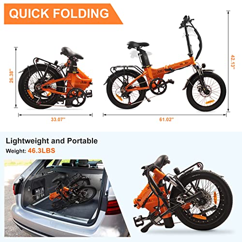 Electric Bike for Adults 20 Inch Electric Bicycle Lightweight 400W Folding Ebike Commuting City E-Bike 48V 12Ah Removable Battery (20 inch, Orange)