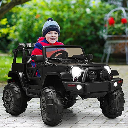 WATERJOY Kids Riding Truck Car, Children's Electric Car Ride On Truck, Four-Wheeled Bluetooth Remote Control Toy Baby Car with LED Lights, Safety Belt, Music, MP3, Double Open Doors etc (Black)