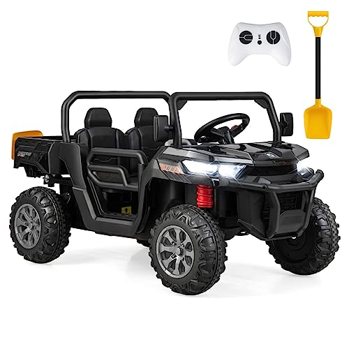 OLAKIDS 2 Seater Ride On UTV, 12V Kids Electric Vehicle Dump Truck with Remote Control, Dump Bed and Extra Shovel, Toddlers Battery Powered Car with Music, USB, AUX, Rocking Function (Black)