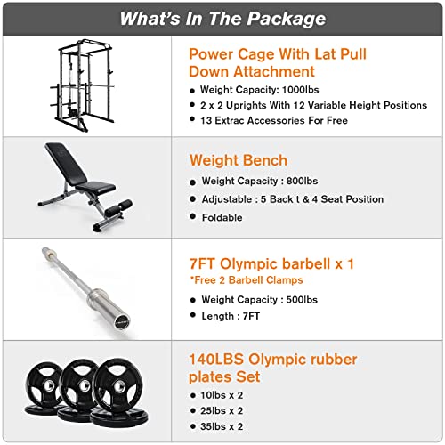 RitFit Garage & Home Gym Package Includes Optional 1000LBS Power Cage with LAT Pull Down,Weight Bench, Barbell Set with Olympic Barbell (Package 1.2K (Rubber Plate 140LBS))-Grey