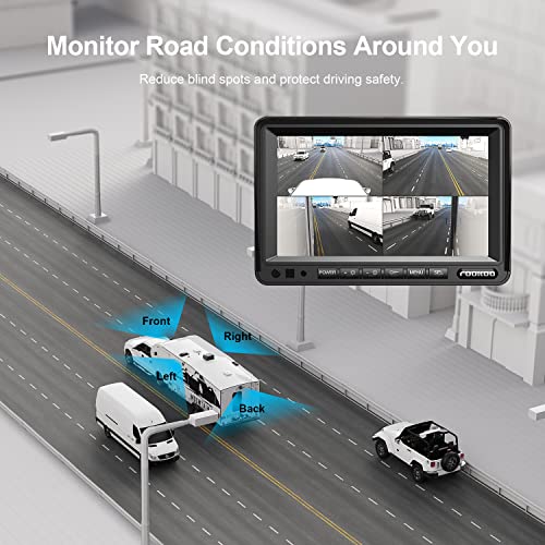 Fookoo HD 1080P 7" Wired Backup Camera System, 7-inch Quad Split Screen Monitor W/Recording, IP69 Waterproof Side View Rear View Cameras, Parking Lines for Truck/Trailer/RV/Tractor/ 5th Wheel (DY704)