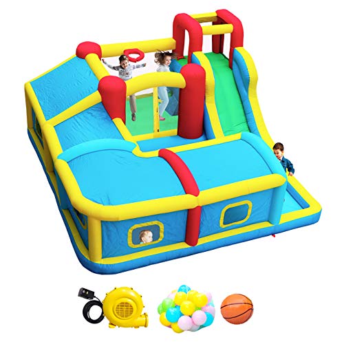 WELLFUNTIME Inflatable Bounce House with Slide, Jumping Castle with Blower and Wave Pool, Basketball Rim, Long Tunnel