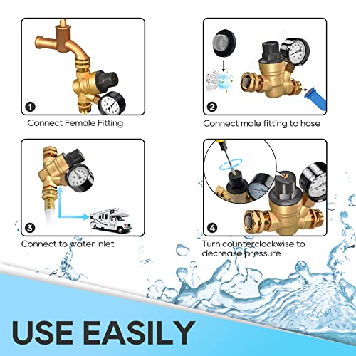 RVGUARD RV Water Pressure Regulator Valve, Brass Lead-Free Adjustable Water Pressure Reducer with Gauge and Inlet Screen Filter for RV Camper Travel Trailer