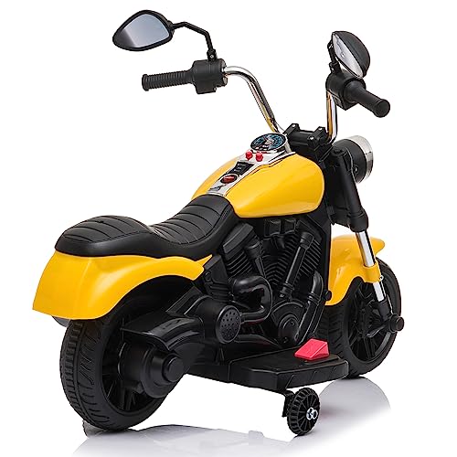 Winado Ride on Electric Motorcycle 2 Wheels, 6 V Battery-Powered Dirt Bike Motorcycle Rechargeable with Training Wheels Music Headlight for Children Boys & Girls, Yellow