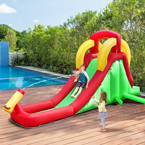 Costzon Inflatable Water Slide, Blow up Water Slides for Backyard with Climb, Long Slide, Small Splash Pool, Water Cannon, Including Carry Bag, Repairing Kit, Hose(with 480W Air Blower)