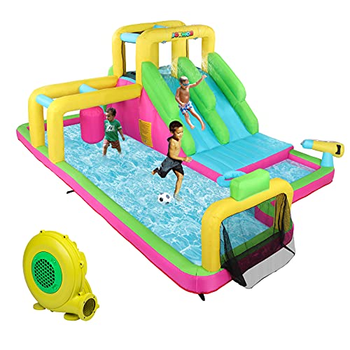 JOYMOR 6-in-1 Inflatable Double Water Slide Park, Bounce House w/ Obstacle Crossing, Ball Net, Climbing Wall, Water Gun, Bouncer Castle Outdoor Backyard Playhouse for Kids (Included Blower)