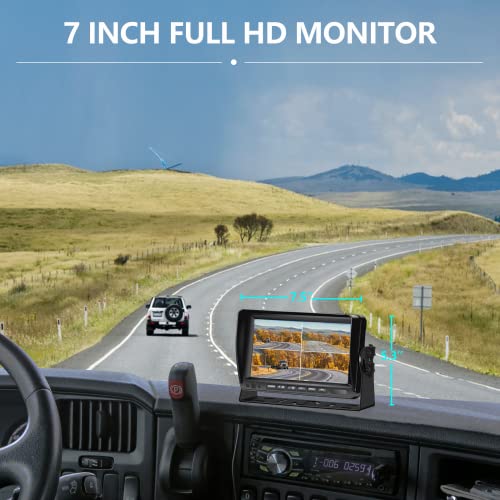 VEKOOTO Wired 1080P Backup Camera System with 7-inch IPS Monitor for Truck RV Trailer Bus, Rear View Camera, with Side Front View Camera, 4 Split Screen, Waterproof, Night Vision