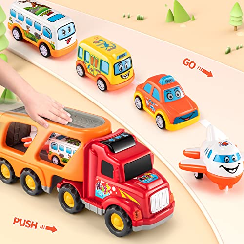 TEMI Toddler Carrier Truck Transport Vehicles Toys - 5 in 1 Toys for 3 4 5 6 7 Year Old Boys, Kids Toy Cars for Toddlers 1-3, Friction Power Set for Kids 3-9, Christmas for 3+
